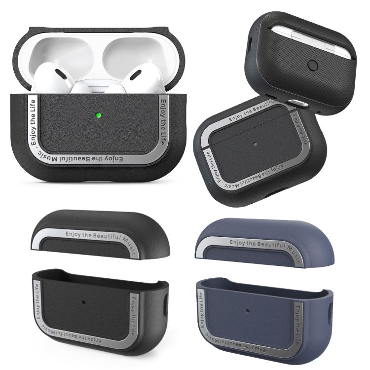 For AirPods Pro 2 AhaStyle JY09 Dual Lanyard Case TPU+Aluminum Personalized Case(Dark Blue)