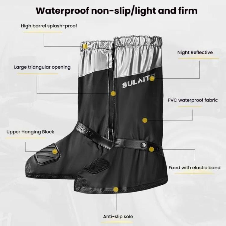 SULAITE Motorcycle Shoe Cover Thickened Anti-slip Wear-resistant Rain Shoes Outdoor Riding Adult Rain Boots, Size: M(Black Silver)
