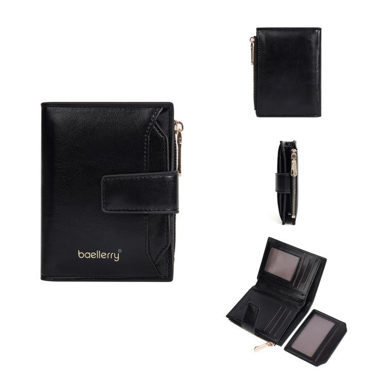 Baellerry N5122 Women Short Wallet Oil Waxed Leather Zipper Clasp Coin Purse(Black)
