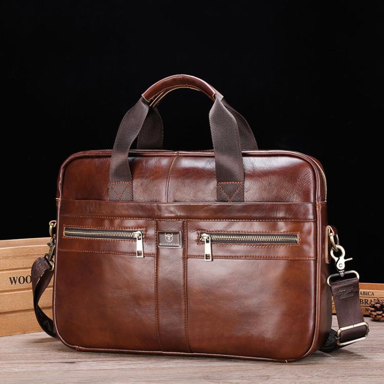 BULL CAPTAIN 054 Large Capacity Retro Business Top Layer Cowhide Hand-held Briefcase(Coffee Metal)