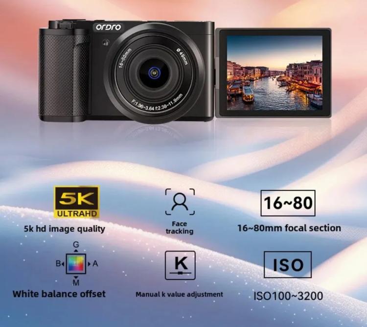 Ordro G930 8.0MP 5K CCD Digital Camera 5X Optical Zoom & Wide-Angle 3.2" Touch Screen Vlogging Camera(Black)