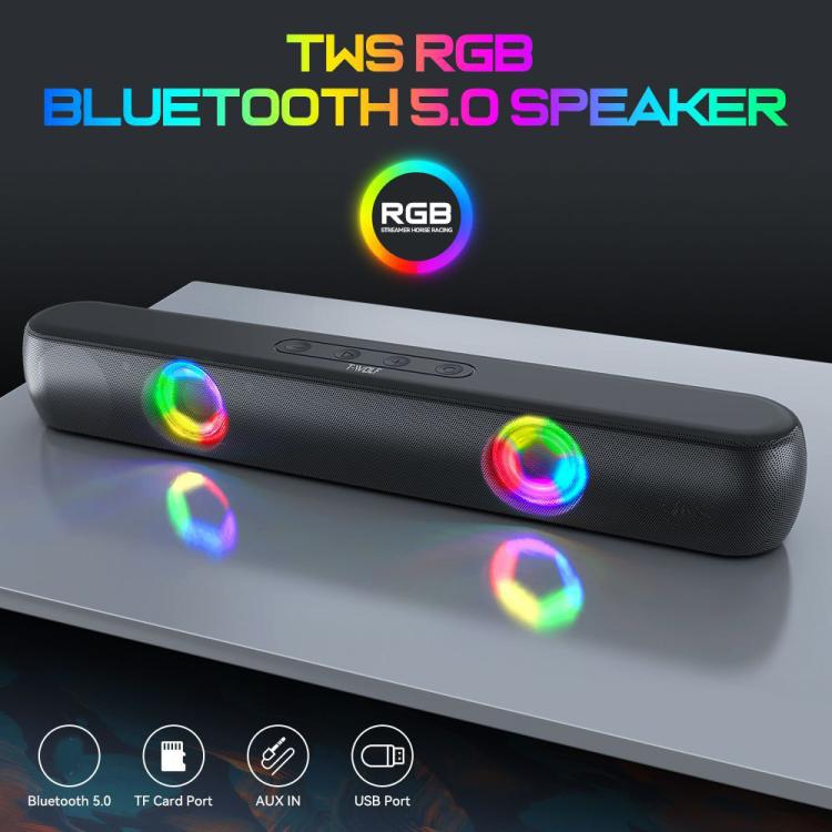 T-WOLF B320 TWS RGB Bluetooth 5.0 Speaker Desktop Soundbar Subwoofer Support USB / AUX / TF / FM(Black)