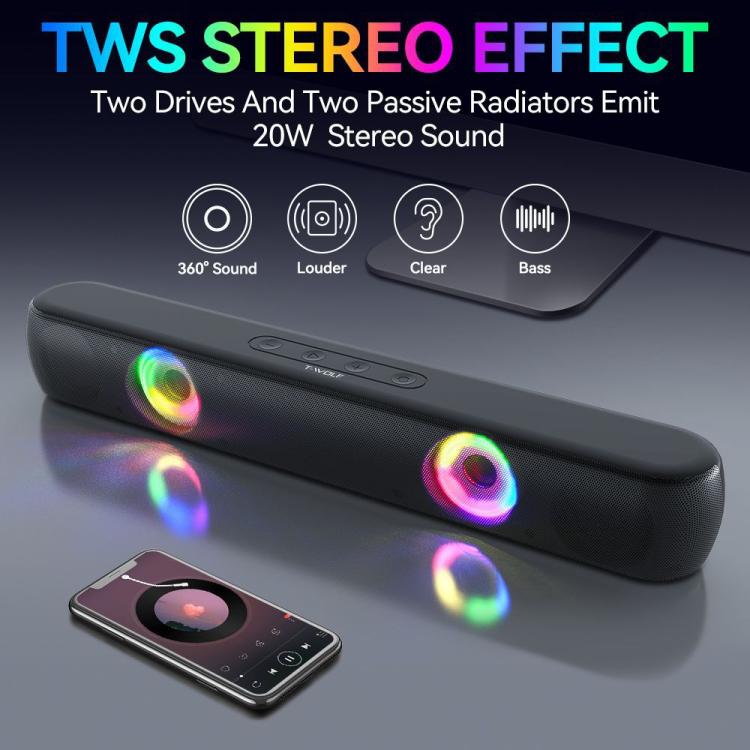 T-WOLF B320 TWS RGB Bluetooth 5.0 Speaker Desktop Soundbar Subwoofer Support USB / AUX / TF / FM(Black)