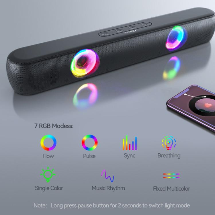 T-WOLF B320 TWS RGB Bluetooth 5.0 Speaker Desktop Soundbar Subwoofer Support USB / AUX / TF / FM(Black)