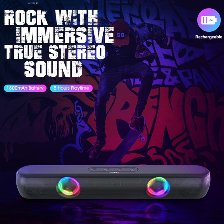 T-WOLF B320 TWS RGB Bluetooth 5.0 Speaker Desktop Soundbar Subwoofer Support USB / AUX / TF / FM(Black)