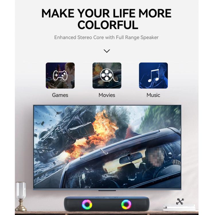 T-WOLF B320 TWS RGB Bluetooth 5.0 Speaker Desktop Soundbar Subwoofer Support USB / AUX / TF / FM(Black)