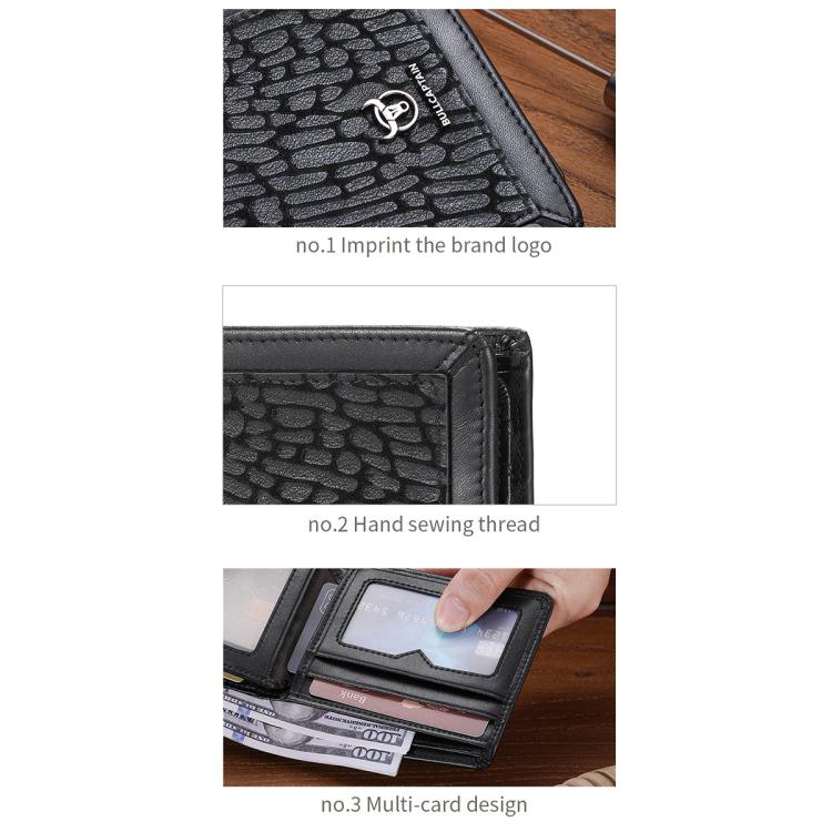 BULL CAPTAIN 07 RFID Anti-theft Top-layer Cowhide Multiple Card Slots Wallet(Black Cross Print)