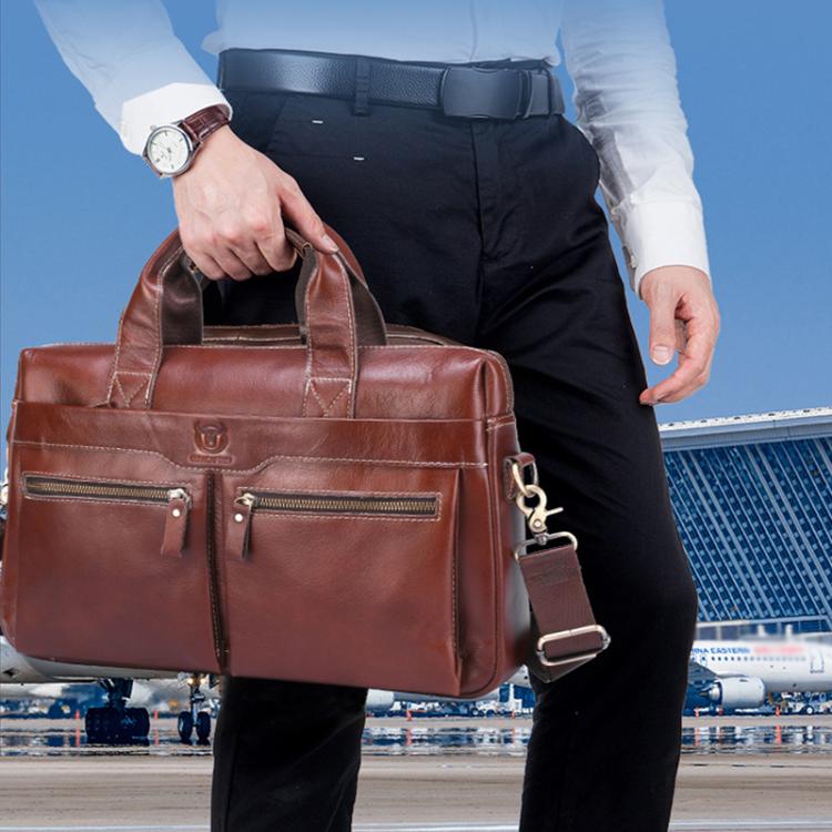 BULL CAPTAIN 056 Large Capacity Top Layer Cowhide Retro Business Hand-Held Briefcase(Black)
