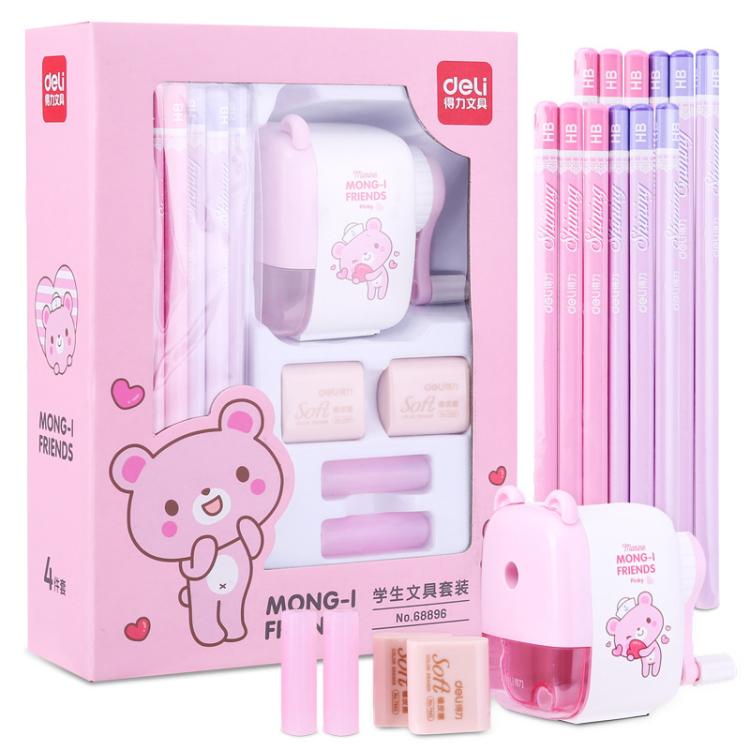 Deli 68896 Student Stationery Gift Box Set Includes 12 Pencils + 2 Erasers + 1 Pencil Sharpener + 2 Pencil Grips(Blue)