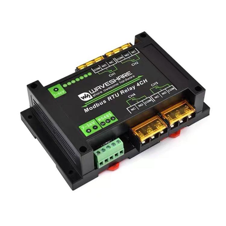 Waveshare Guide-Type 4-Way RS485 High-Current Relay Module, Modbus RTU Protocol(30461)