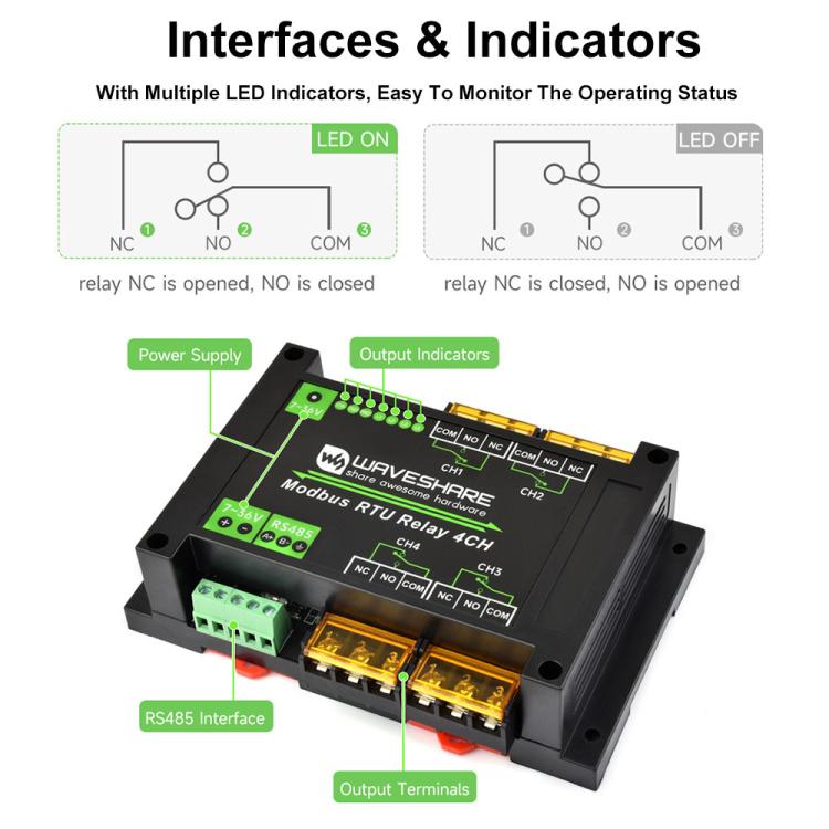 Waveshare Guide-Type 4-Way RS485 High-Current Relay Module, Modbus RTU Protocol(30461)