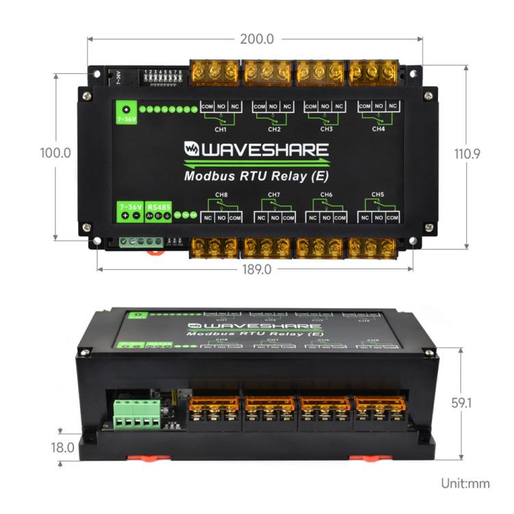 Waveshare Modbus RTU Protocol Rail-Mounted Case 8-Way RS485 30A High-Current Relay Module(30459)