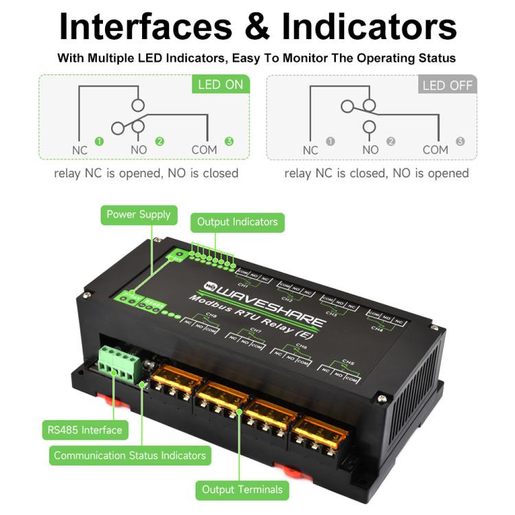 Waveshare Modbus RTU Protocol Rail-Mounted Case 8-Way RS485 30A High-Current Relay Module(30459)