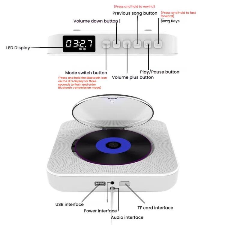 Kecag KC-807 Wall-mounted Home Retro Bluetooth CD Player, Spec: AU Plug(Black)