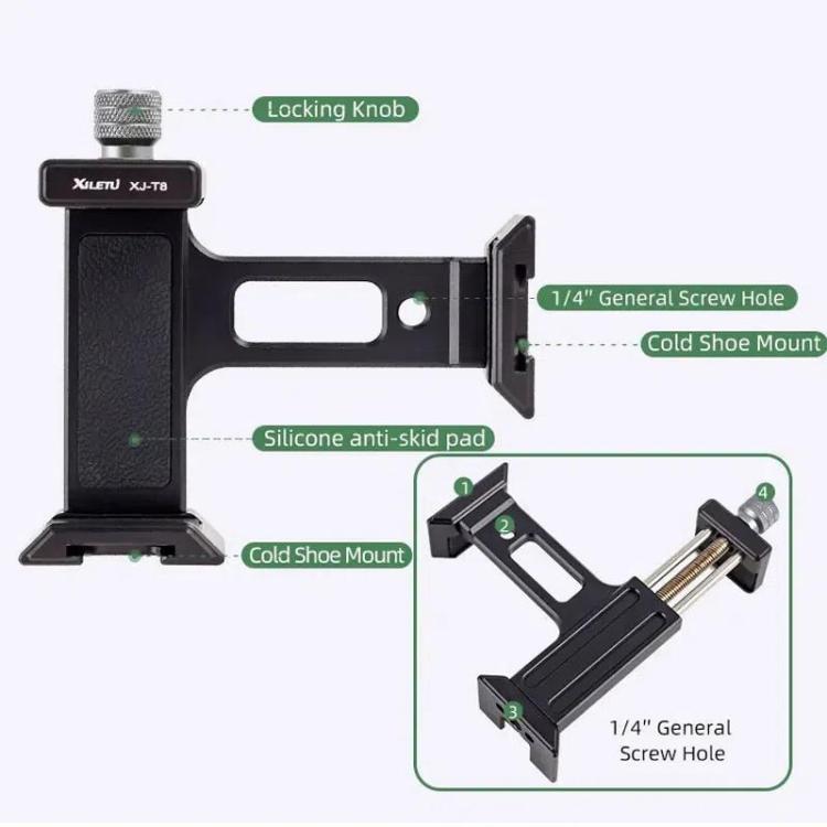 XILETU  XJ-T8 Metal Phone Holder Clamp With Cold Shoe 1/4-inch Screw Hole & Arca-Swiss Compatible Base(Gray)
