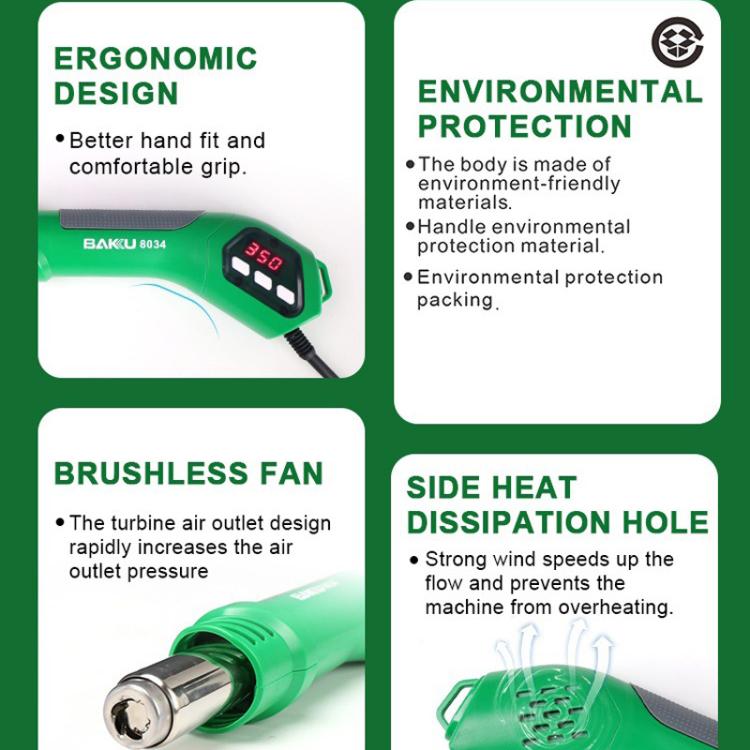BAKU BA-8034 650W Hot Air Blower 100-500 Degrees Celsius Heat Tool With 3 Nozzles 110V US Plug