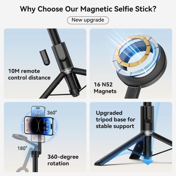 TELESIN 1.3m Magnetic Selfie Stick Tripod Phone Stand for Outdoor Vlog & Live Streaming with Bluetooth Remote(Black)
