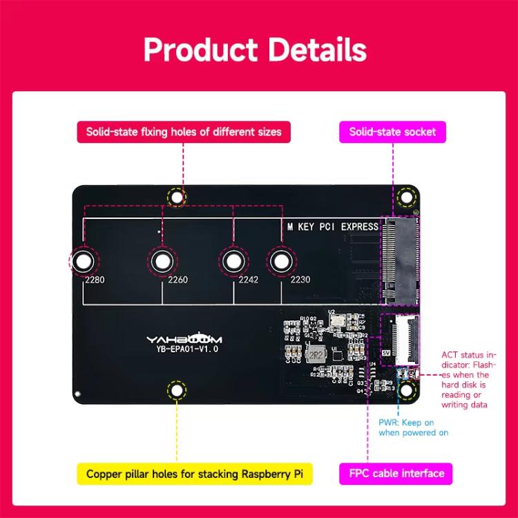 Yahboom PCIe To M.2 Adapter Expansion Board For Raspberry Pi 5 NVMe Expansion Board, Spec:  Board + 256G SSD