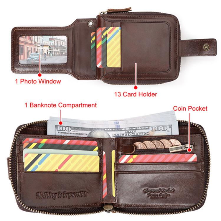 HUMERPAUL BP735 Leather Horizontal Zipper Wallet Multiple Card Slots RFID Anti-Theft Protection Men Purse(Light Brown)