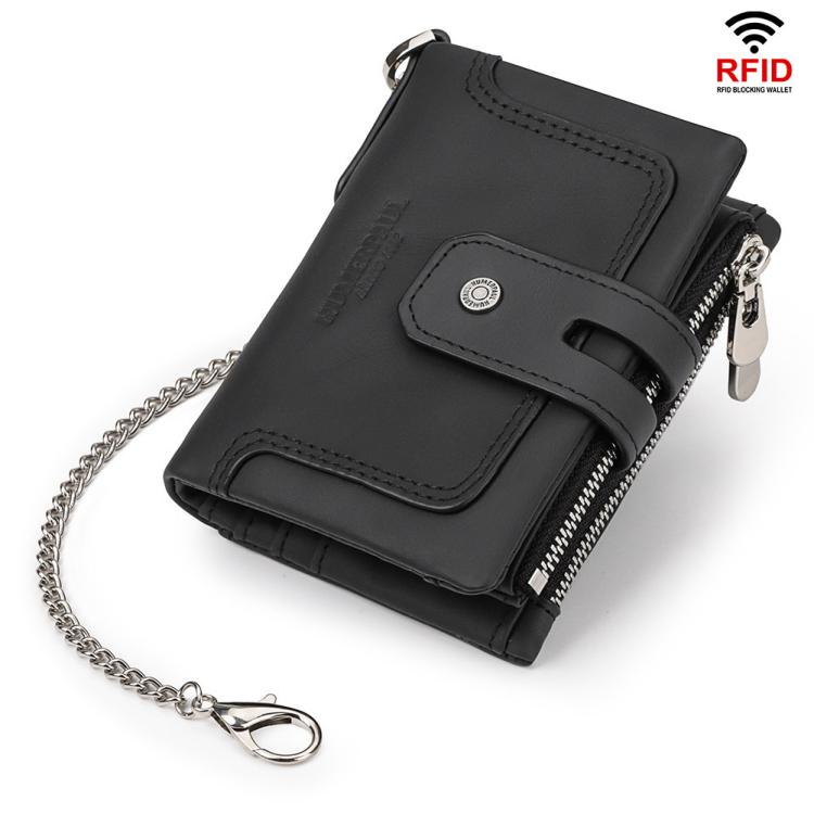 HUMERPAUL BP778 Short Leather Wallet RFID Tri-fold Double Zipper Coin Purse(Black)