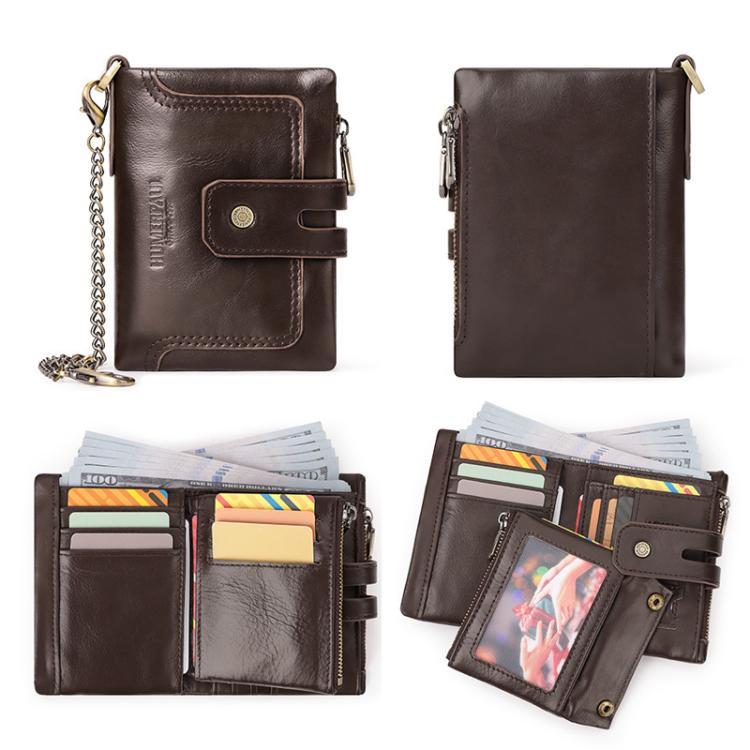 HUMERPAUL BP778 Short Leather Wallet RFID Tri-fold Double Zipper Coin Purse(Black)