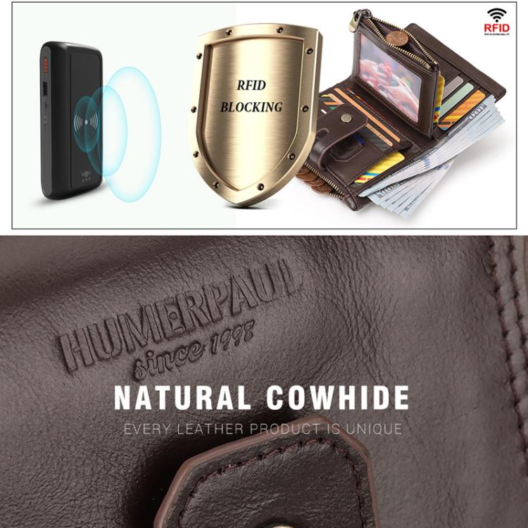 HUMERPAUL BP778 Short Leather Wallet RFID Tri-fold Double Zipper Coin Purse(Black)