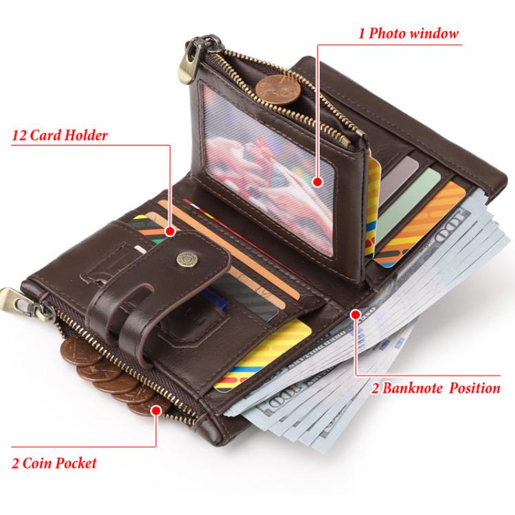 HUMERPAUL BP778 Short Leather Wallet RFID Tri-fold Double Zipper Coin Purse(Black)