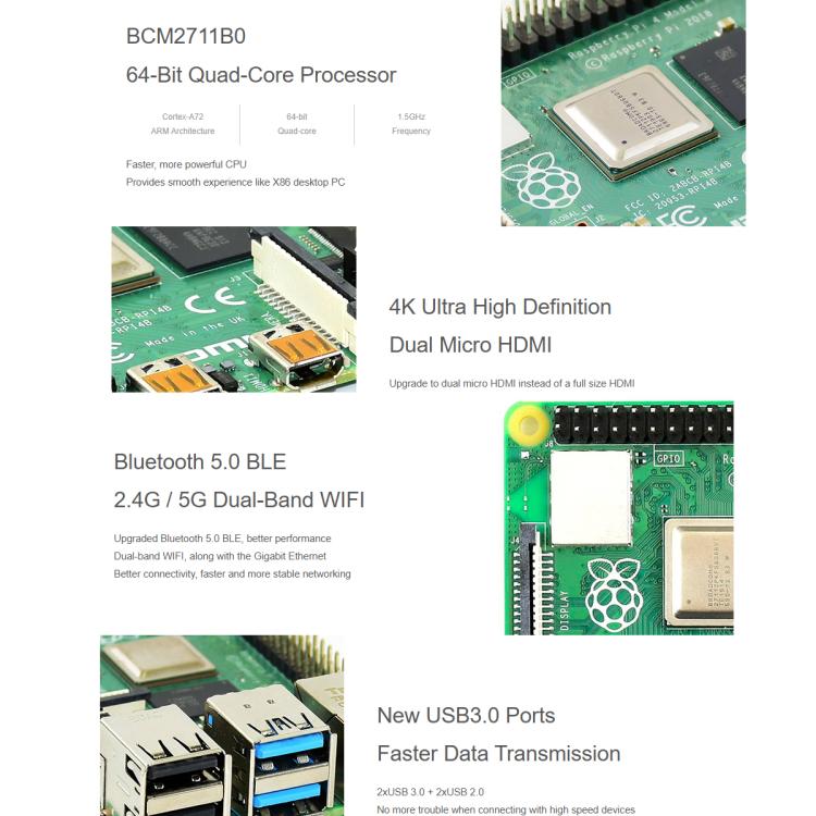 Waveshare For Raspberry Pi 4 Model B 8GB BCM2711B0 64-Bit Quad-Core 4K Dual Mini HDMI For DIY, IoT, Python Development