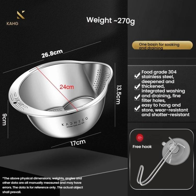 Kacheeg 304 Stainless Steel Multi-Purpose Colander, Vegetable & Rice Strainer, Washing Basket 24cm