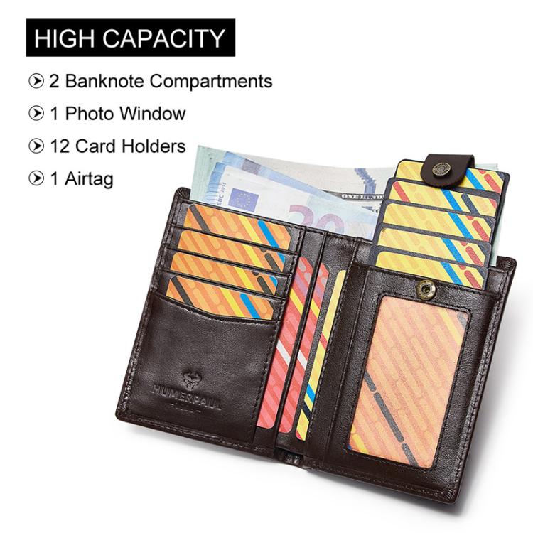 Compatible With Airtag HUMERPAUL BP798 Leather Wallet With Tracker Hole RFID Pull-Out Card Holder Card Case(Black)