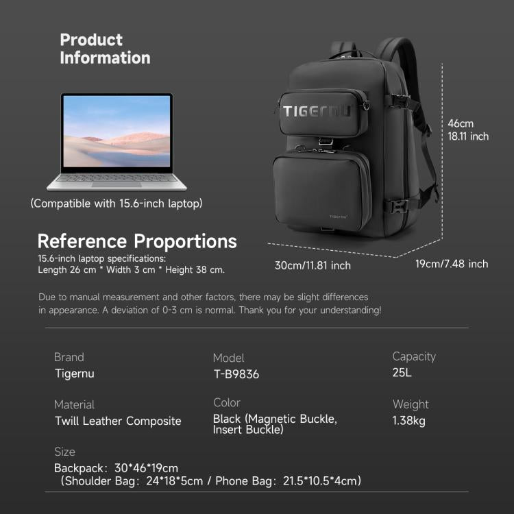 Tigernu T-B9836 3-in-1 Detachable Men Backpack Convertible Travel Laptop Bag for Sports & Commuting(Black)