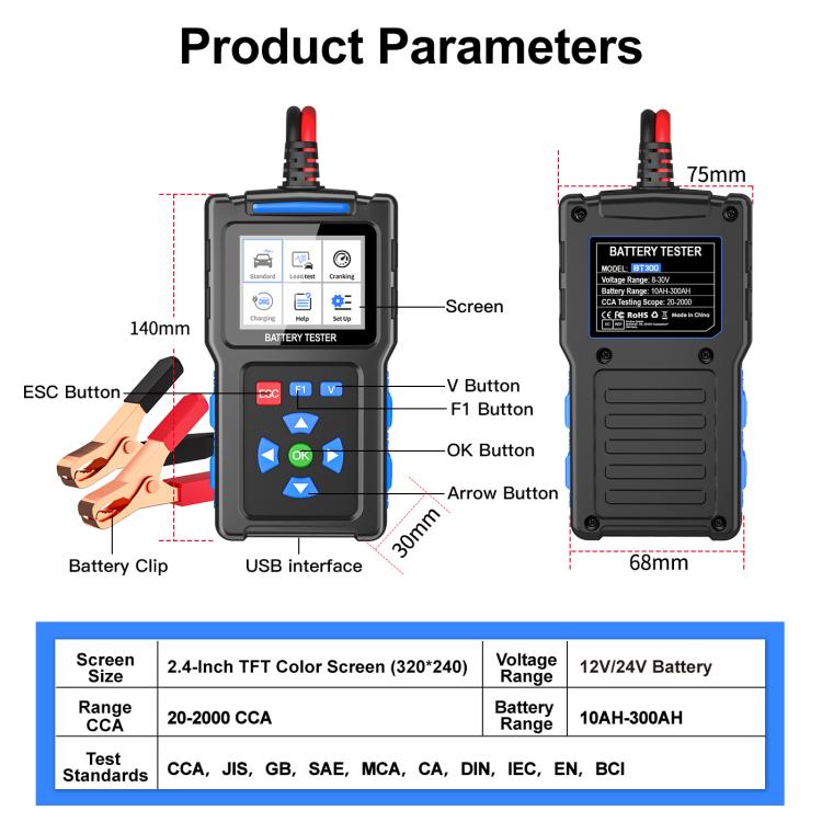 12/24V Multi-Function Car Battery Fault Diagnosis Tester, BT300