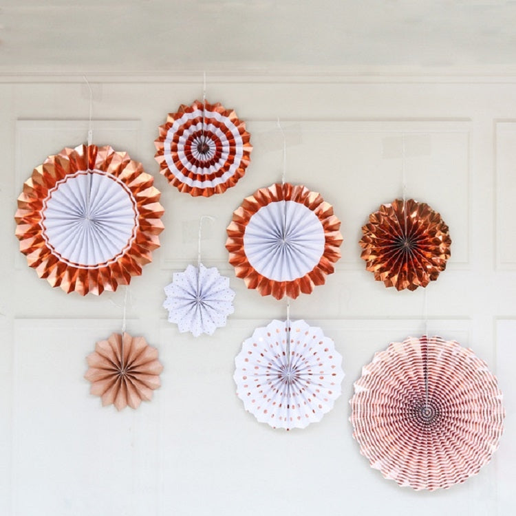 2 Sets Bronzing Paper Fan Flower Set Birthday Holiday Wedding Party Decoration, Bronzing 8pcs, Hot Silver 8pcs, Black 8pcs, Rose Gold 8pcs, Champagne Gold 8pcs, Colorful Hollow 8pcs, Bronzing 6pcs