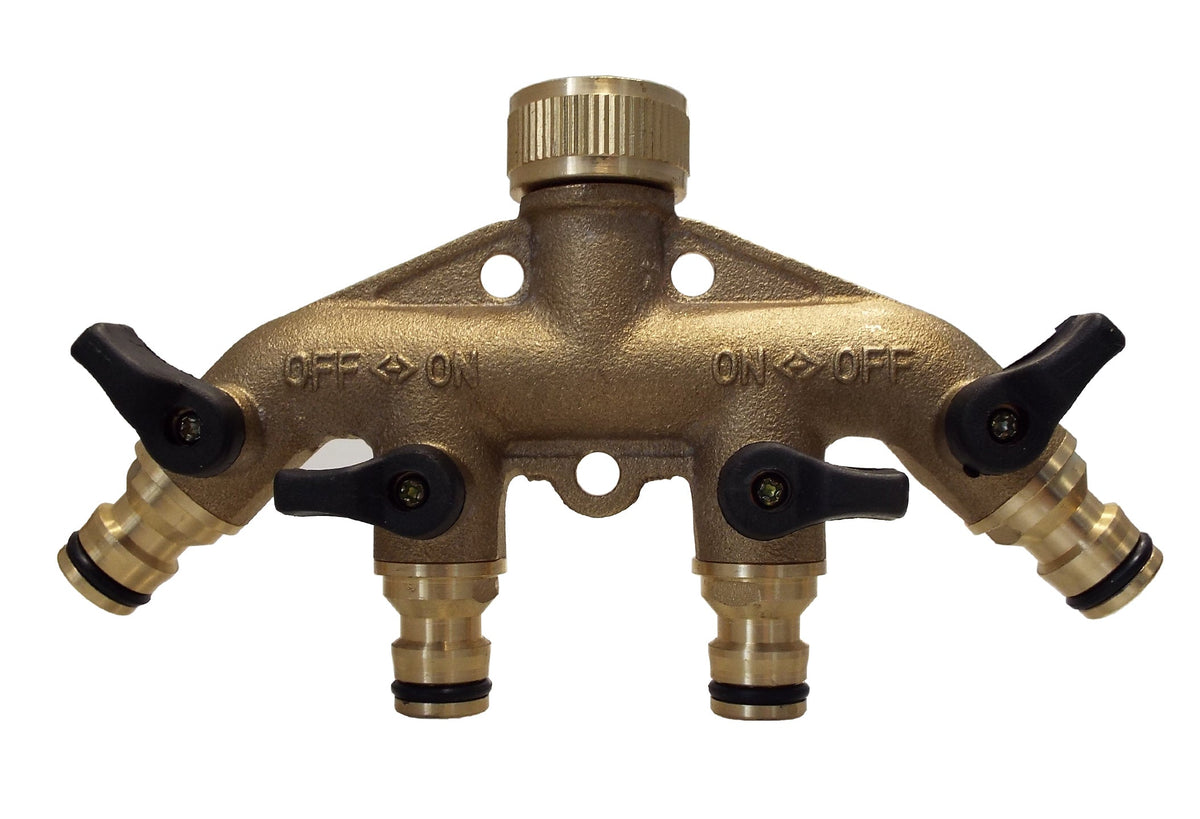 4-Way Manifold with Valves & Snap-On Outlets Brass