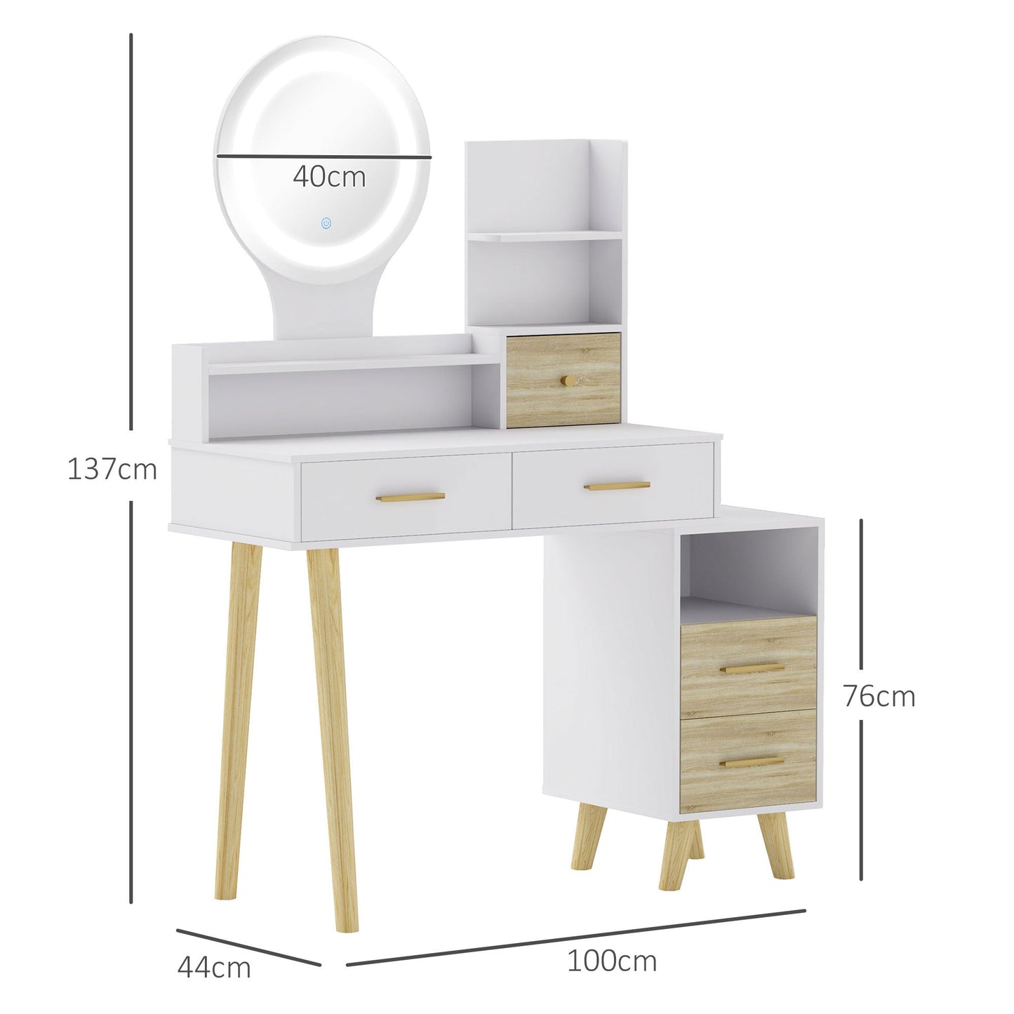 HOMCOM Dressing Table with Mirror, Vanity Table with LED Lights, White