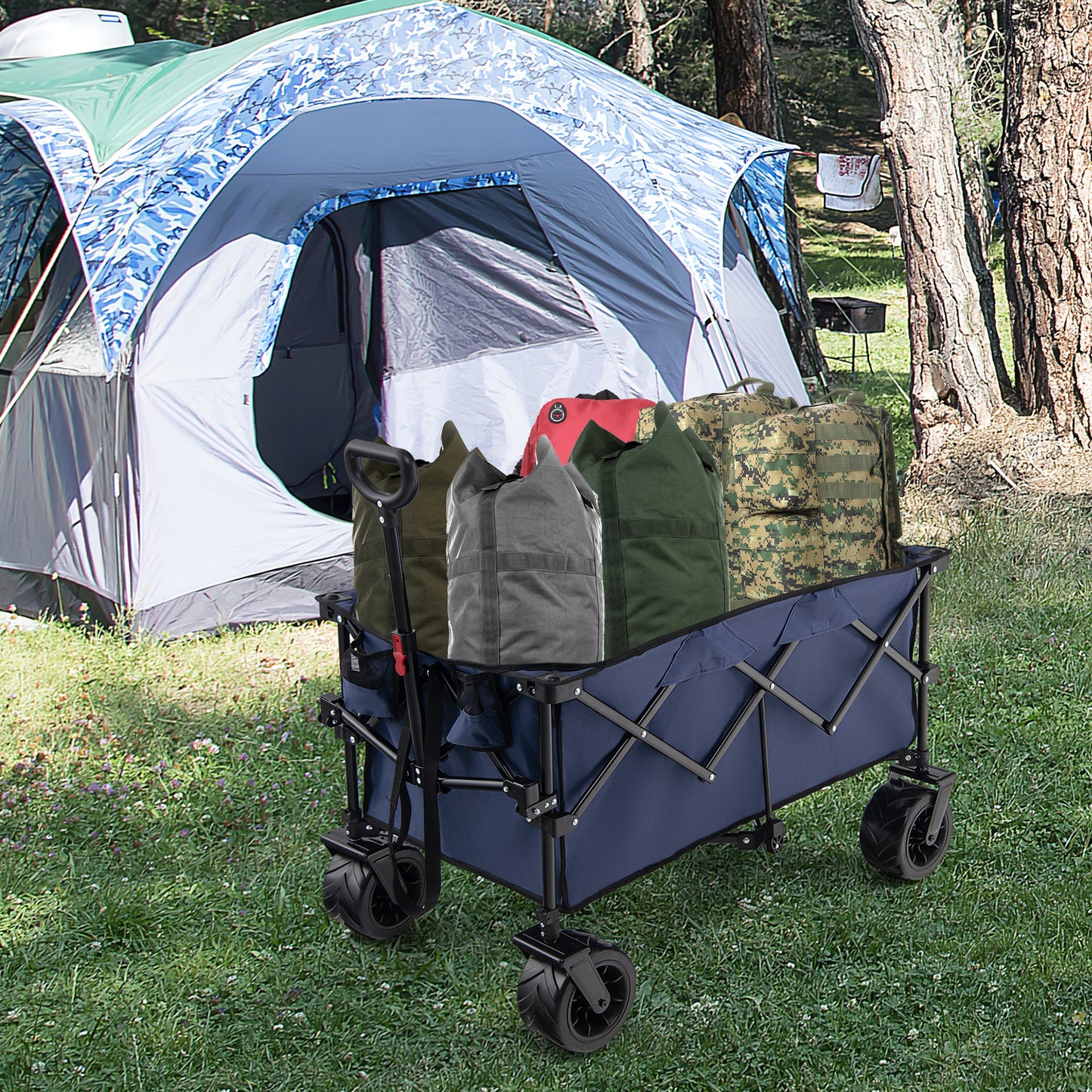 Foldable Wagon with Adjustable Handle and Universal Front Wheels-Black