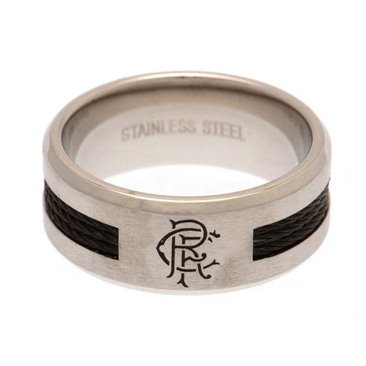 Rangers FC Stainless Steel Black Inlay Ring with Engraved Crest - Medium Size