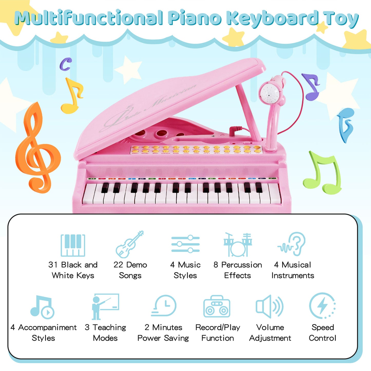 31 Keys Kids Portable Multifunctional Toy Piano with Microphone-Black