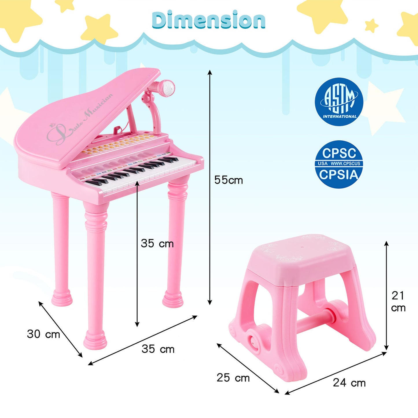 31 Keys Kids Portable Multifunctional Toy Piano with Microphone-Black