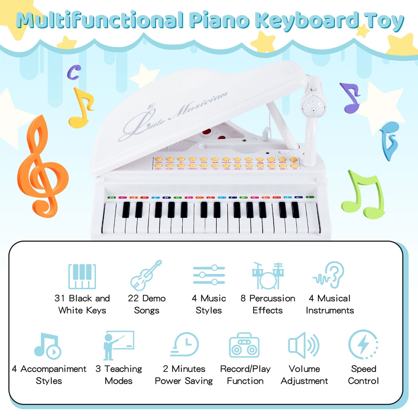 31 Keys Kids Portable Multifunctional Toy Piano with Microphone-Black