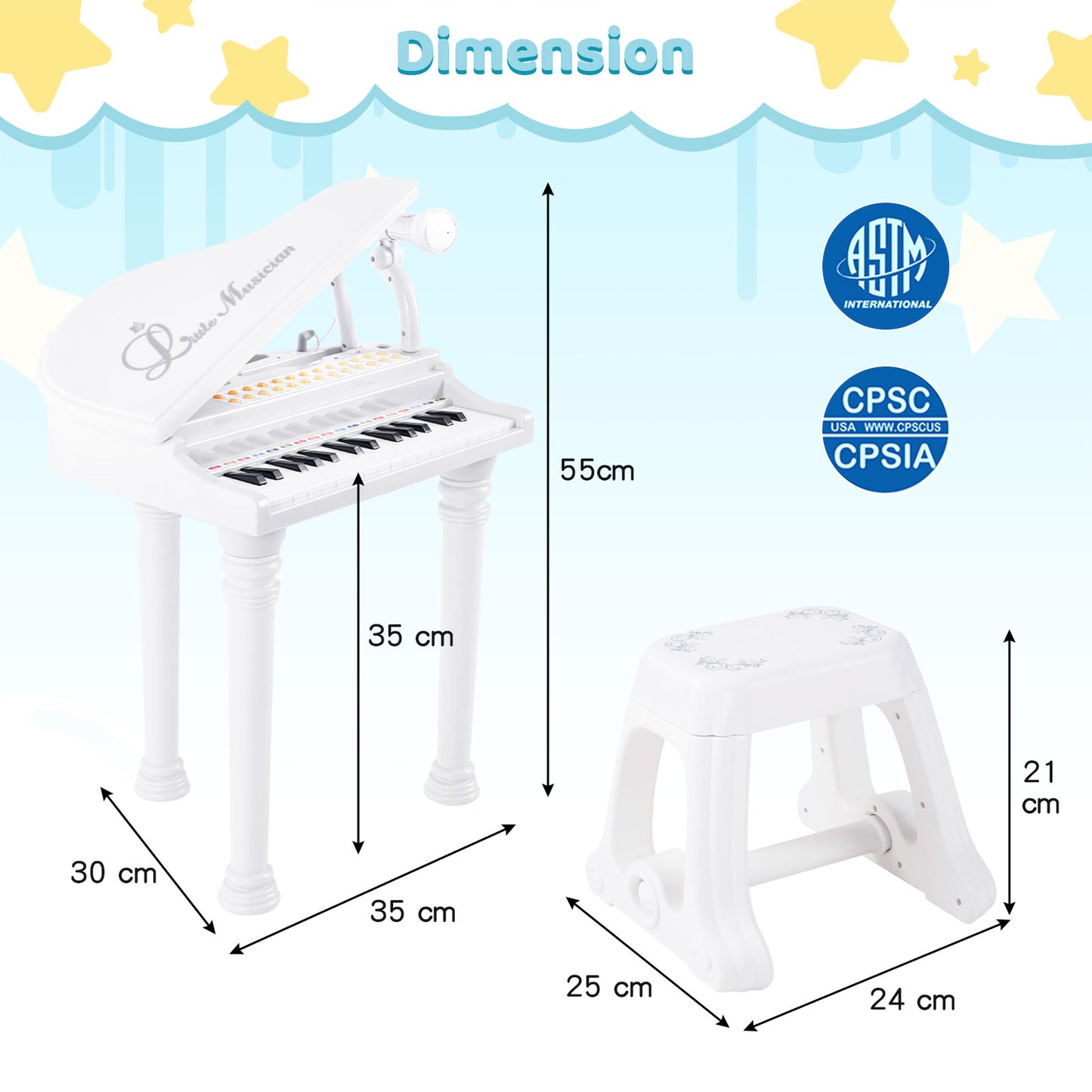 31 Keys Kids Portable Multifunctional Toy Piano with Microphone-Black