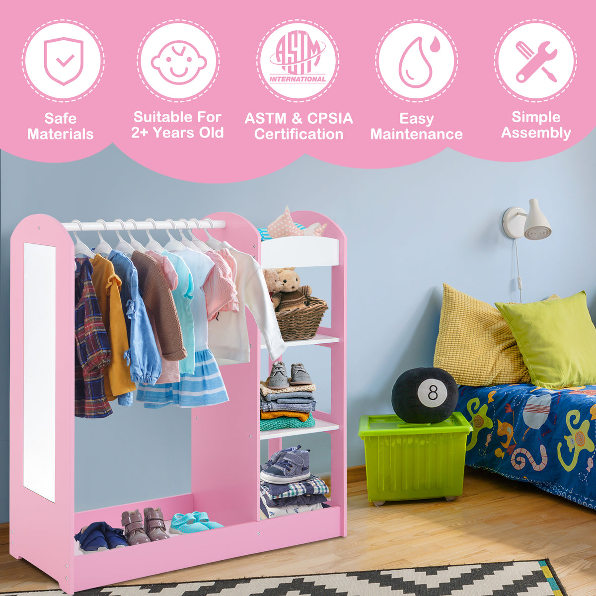 Kids Dress up Storage with Mirror-Blue