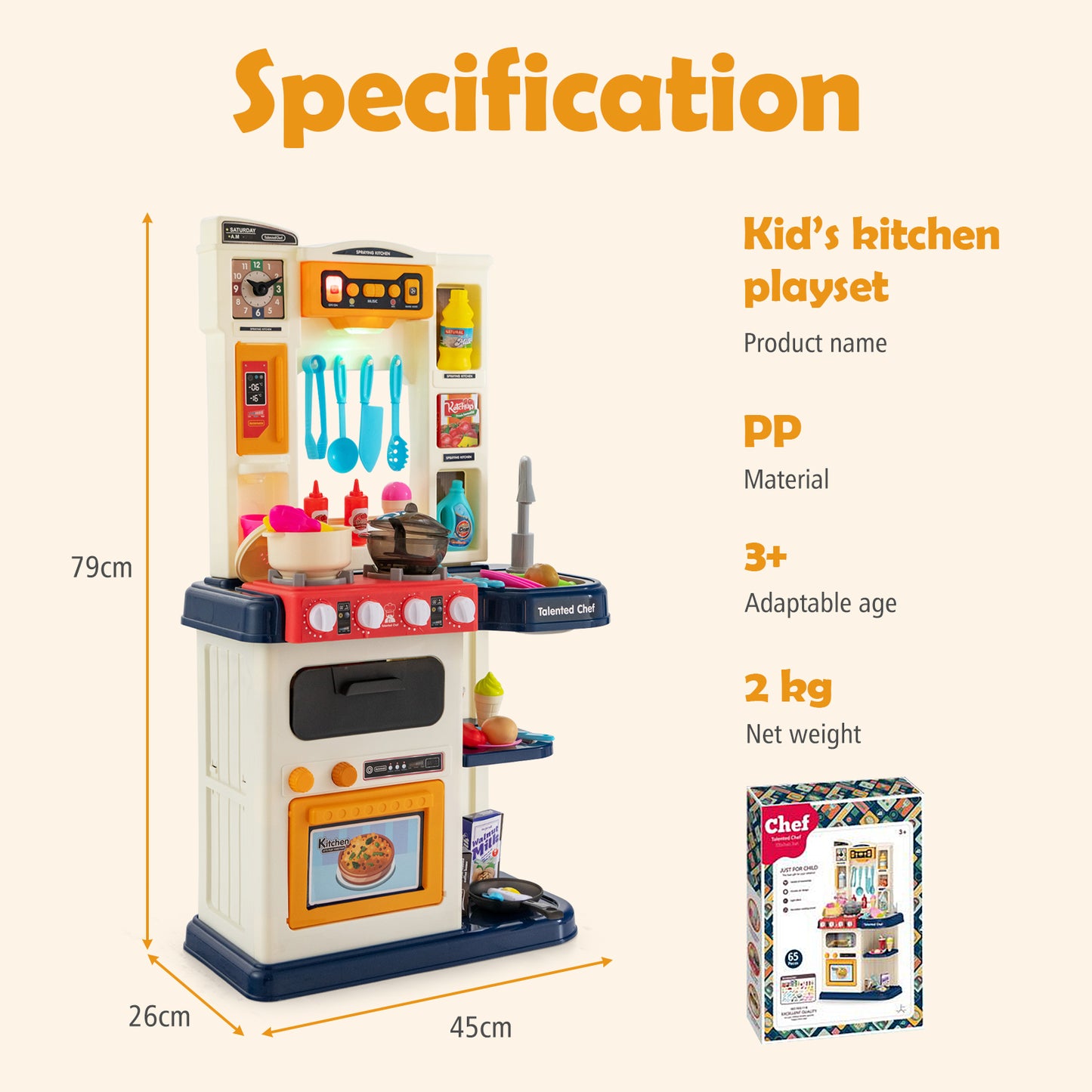 Kids Kitchen Playset with 65 Pieces Accessories-Blue