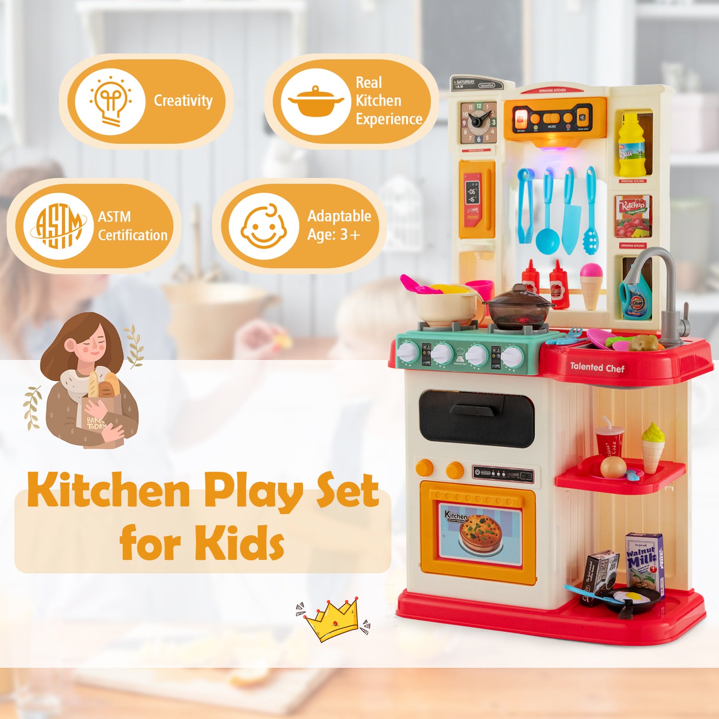 Kids Kitchen Playset with 65 Pieces Accessories-Blue