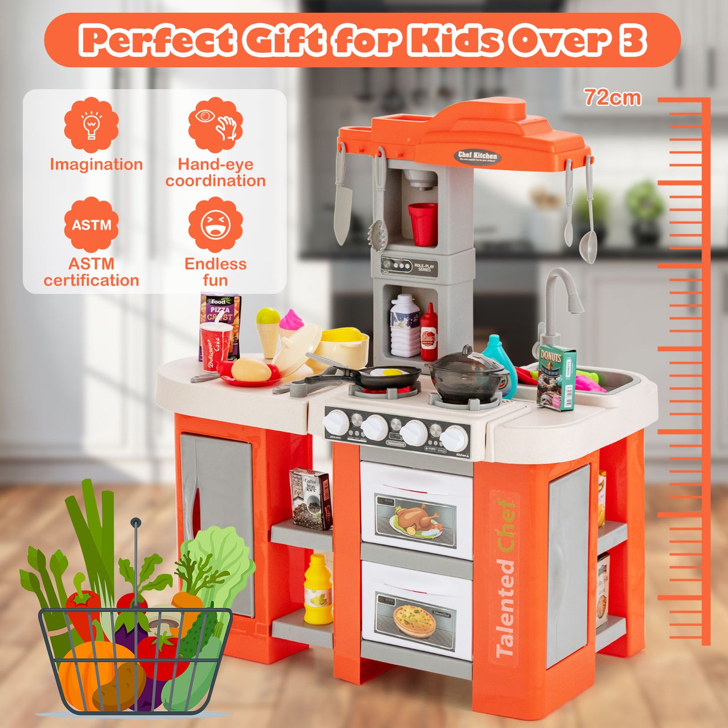 Kids Kitchen Playset with 67 Pieces Accessories and Realistic Lights-Blue