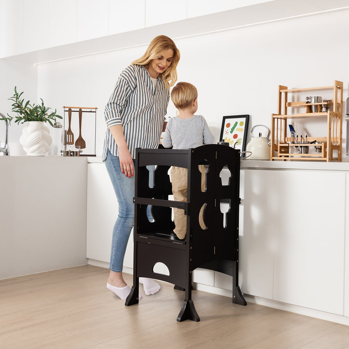 Folding Height Adjustable Kids Step Stool with Safety Latches-Brown
