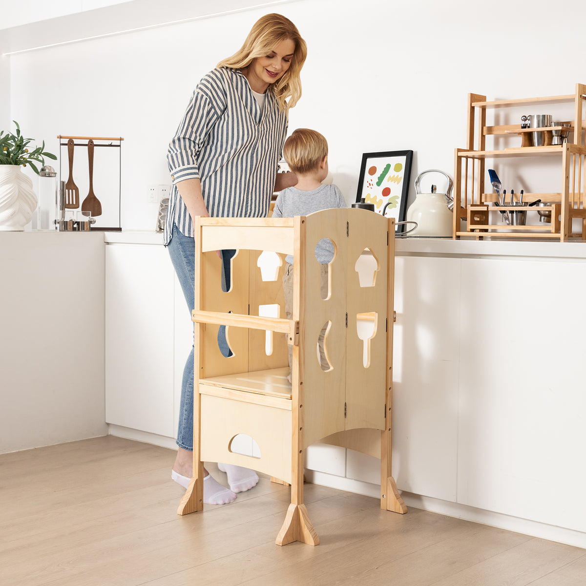 Folding Height Adjustable Kids Step Stool with Safety Latches-Brown
