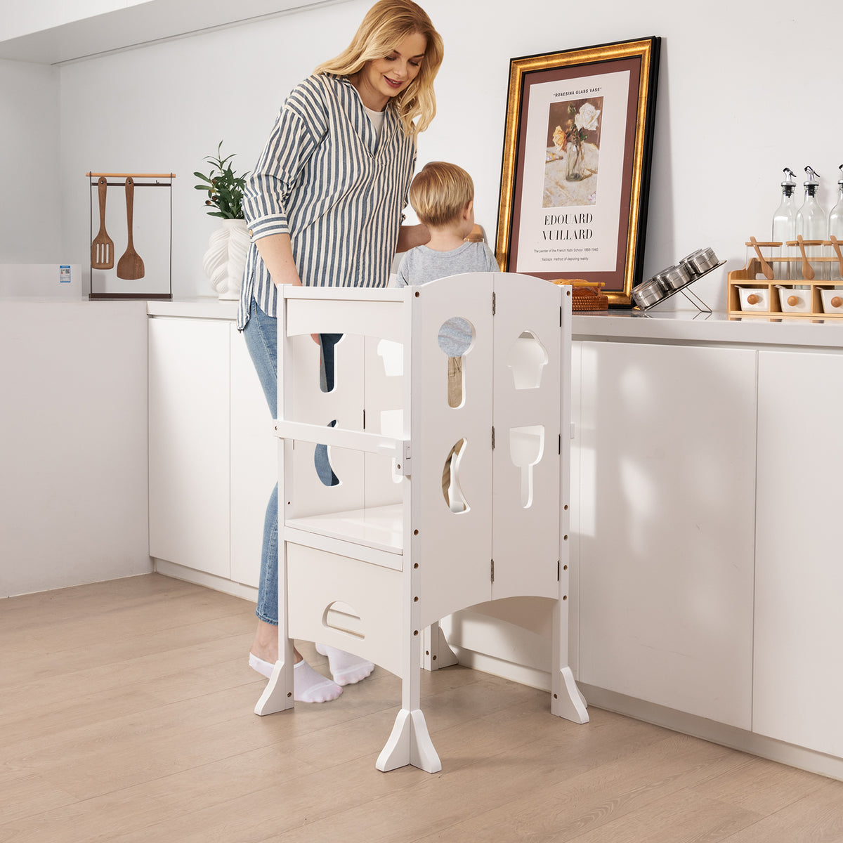 Folding Height Adjustable Kids Step Stool with Safety Latches-Brown
