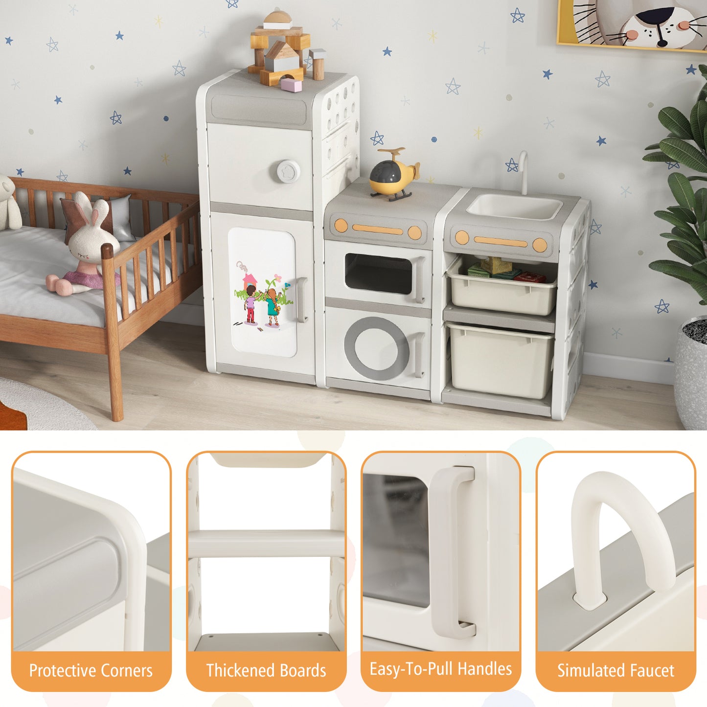 Kids Toy Storage Organizer with Magnetic Whiteboard Removable Sink & Faucet-Beige