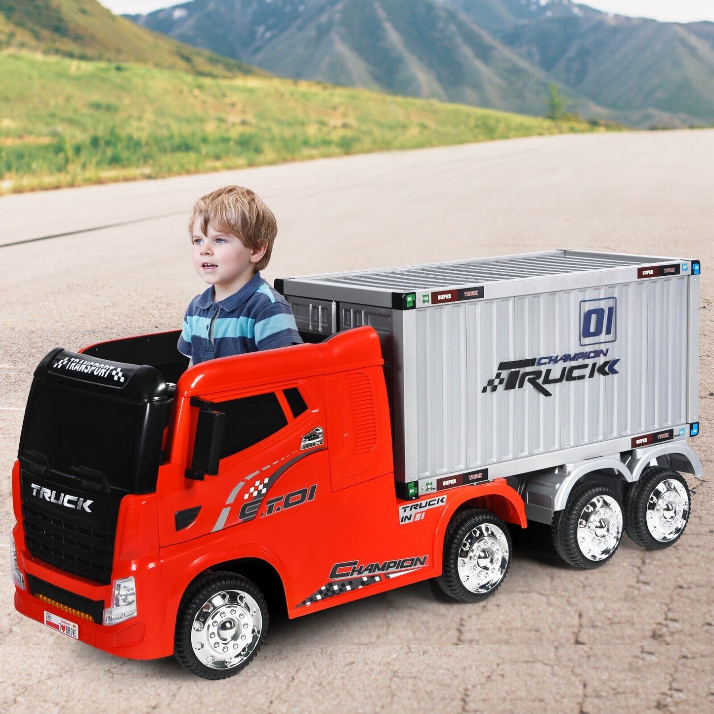 12V Ride-On Semi-Truck with Container for Kids of 3-8 Year Old-Black